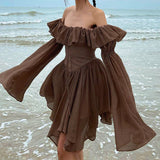 Kukombo Outfit Elegant Chiffon Corset Dress Brown Flare Long Sleeve Mini Dresses Vacation Short Party Dress Ruffles Slash Neck Outfit