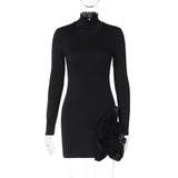 Kukombo Black Bodycon Mini Dress Female Sexy Fashion Round Neck Long Sleeve Slim Hip Dress Elegant Pullover Party Club Dress Y2k