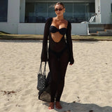 Kukombo Spring Outfits Beach Knitted Backless Long Sleeve Dress Ladies Holiday Bikini Cover Up See-Through Beachwear 2025 Holiday Sunscreen Long Dress