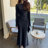 Kukombo Elegant Satin Slim Long Dress Women's Fashion Long Sleeve High Waist Party Dress Solid Color Pullover Sexy Long Dress