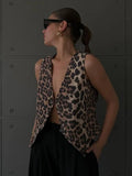 Kukombo Outfit Women Sexy Leopard Print V Neck Sleeveless Vest Fashion Vintage Single Breasted Waistcoat Autumn Female Commuting Streetwear