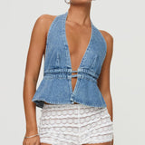 Kukombo Women Sexy Halter Jean Vest Deep V Neck Denim Tie Vest Summer Backless Ruffle Denim Tank Top Y2K Retro Streeetwear