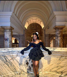 Kukombo Homecoming Dress Party Outfits Sexy A line Off The Shoulder Long Sleeves Black Short Homecoming Dress P2245