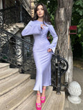 Kukombo Elegant Satin Slim Long Dress Women's Fashion Long Sleeve High Waist Party Dress Solid Color Pullover Sexy Long Dress