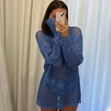 Kukombo Summer Knitted Hollow Mini Dress Women's Fashion Beach Vacation Dress See-through Loose Patchwork Knitted Mini Dress