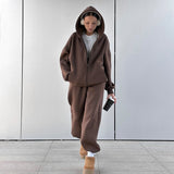 Kukombo Winter Women's Hoodie Pants Set Street Casual Fleece Cardigan Hooded Sweatshirt Solid Warm Loose Sweatpants Set 2 Pieces