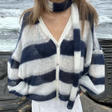 Kukombo Women's Sweater Cardigan Autumn V-neck Scarf Knitted Sweater Loose Warm Casual Single-Breasted Striped Cardigan Sweater