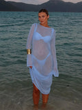 Kukombo Spring Outfits Beach Knitted Backless Long Sleeve Dress Ladies Holiday Bikini Cover Up See-Through Beachwear 2025 Holiday Sunscreen Long Dress