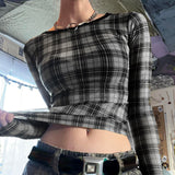 Kukombo  Black See Through Plaid Graphic Print T Shirts Women Y2k Mesh Crop Top Long Sleeve Tees Female Aesthetic Feminist Shirt ootd