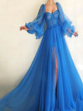 Kukombo valentines day outfits Simple Blue Prom Dresses Long Puff Sleeves Exposed Boning Illusion Evening Dresses High Slit Tulle A-Line Formal Gowns