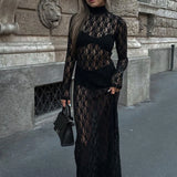 Kukombo Black Lace Bodycon Long Dress Women's Fashion See-through Mesh Slim Dress Sexy Hollow High Neck Long Sleeve Party Dress