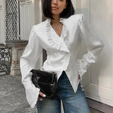 Kukombo Women's White Shirt Summer Ruffled Long Sleeve Cardigan Elegant Single Breasted Lapel Slim Top Casual Patchwork Blouses