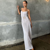 Kukombo Sexy Backless Knitted Long Dress Women's Summer Solid Color Strappy Hollow Long Dress Sleeveless Slim Knitted Long Dress