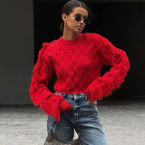 Kukombo Knitted O-Neck Sweater Women's Autumn Winter Fashion Tassel Long Sleeve Short Solid Slim Top Casual Streetwear Pullover