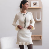 Kukombo Knitted Skirt Set Women's Elegant O-Neck Long Sleeve Cardigan Top Slim Retro Short A-Line Skirt Knitted Ruffle Skirt Set