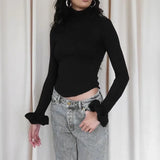 Kukombo Turtle Neck Ribbed Pullover Women's Elegant T-Shirt Long Sleeve Ruffled Cuffs Short Pullover Casual Solid Slim Top Y2k