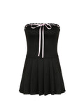 Kukombo Korean Fashion Contrast Tie Bow Strapless A Line Pleated Dress Women Cute Sweet Kawaii Clothing