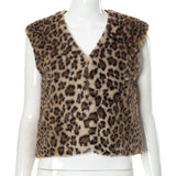 Kukombo Spring Outfits Leopard Print Rabbit Fur Tank Women High Street V-neck Single Breasted Sleeveless Female Vest Autumn Winter Lady Cardigan