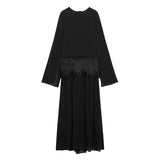 Kukombo Spring Outfits Faux Fur Spliced Chiffon Long Dresses Women 2025 Spring New Black Full Sleeve Backless Lace Up Party Dress Casual Lady Vestidos