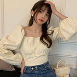 Kukombo Elegant Blouses Women Sweet Puff Sleeve Bow Bandage Shirts Korean Streetwear Vintage Square Neck Lace Up Slim Casual Crop Tops ootd