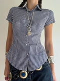 Kukombo American Retro Casual Short Sleeve Plaid Shirts For Women Button Up Turn Down Collar Summer Spring Preppy Tops