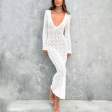 Kukombo V Neck Backless Long Dress Women's Summer Sexy Knitted Lace up Beach Vacation Dress White Casual Party Dress Vestidos