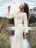 Kukombo Spring Outfits Knit Hollow Out Maxi Dress Women Lace Up Backless Beach Dress Casual Long Flare Sleeves Knitwear New Lady Long Bikini Cover-Ups