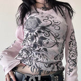 Kukombo Y2k Fairy Grunge Graphic T-Shirts for Women E-Girls Goth Long Sleeve Tee Tops Vintage Emo Clothes 2000s Streetwear