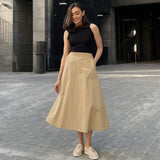 Kukombo Fashion High Waist Solid Color Skirt Women's Summer Autumn Casual Elegant Long Skirt Loose Slim Pocket Commuting Skirt