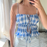 Kukombo Plaid Tank Tops for Women Y2K Tie Spaghetti Strap Ruched Camisole Cute Gingham Ruffle Hem Crop Cami Top Streetwear