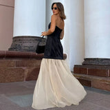 Kukombo Elegant Strapless Backless Long Dress Women's Sexy Tube Top Color Block A-Line Dress High Waist Sleeveless Evening Gown