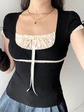 Kukombo Sweet Y2K Contrast Lace Patchwork Square Collar Black T-Shirt Women Short Sleeve Basic Balletcore Cute Summer Tops