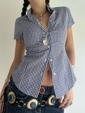 Kukombo American Retro Casual Short Sleeve Plaid Shirts For Women Button Up Turn Down Collar Summer Spring Preppy Tops