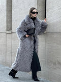 Kukombo Spring Outfits Faux Fur Long Women Winter Coats Vintage Full Sleeve Pocket Lapel Thicken Warm Outerwear Female Fashion New Streetwear