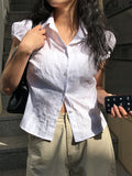 Kukombo White Solid Single Breasted Turn Down Collar Casual Shirts Women Simple Puff Sleeve Japanese Y2K Preppy Summer Tops