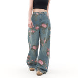 Kukombo American Retro Floral Print Jeans Fashionable Street Loose Wide-leg Jeans Baggy Jeans Trendy High Street Loose Trousers ootd outfit idea