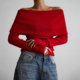 Kukombo Knitted Off-Shoulder Sweater Women's Autumn Solid Long Sleeve Bottoming Top Autumn Slim Street Knitted Pullover Sweater