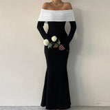 Kukombo Elegant Backless Patchwork Long Dress Women's Fashion Long Sleeve High Waist Party Dress Strapless Slim Sexy Long Dress