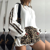 Kukombo Outfit Leopard Print Drawstring Hoodie Women's Solid Spliced Loose Casual Pullover Top Long Sleeve Street Hoodie Sweatshirt