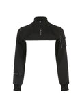 Kukombo Zip Up Stand Collar Long Sleeve Black Cropped Jackets Women Pocket Safari Style Streetwear