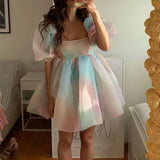 Kukombo valentines day outfits Women Puff Sleeve Tulle Tutu Princess Dress Square Collar Mesh Ruffle Bubble Skirt Wedding Evening Party Prom Mini Fairy Dress