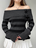 Kukombo Off Shoulder Slim Knitted Stripe Jumper Women Lace-Up Slash Neck Long Sleeve Sweater Tee Korean Fashion Street Knittwear