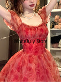 Kukombo Sweet Floral Fairy Short Party Dress Female Elegant French Red Y2k Mini Dress 2025 Summer Kawaii Clothing Lolita Dress Lace Chic ootd