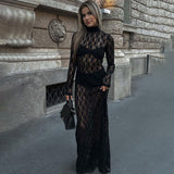 Kukombo Black Lace Bodycon Long Dress Women's Fashion See-through Mesh Slim Dress Sexy Hollow High Neck Long Sleeve Party Dress