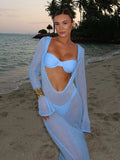 Kukombo Spring Outfits Beach Knitted Backless Long Sleeve Dress Ladies Holiday Bikini Cover Up See-Through Beachwear 2025 Holiday Sunscreen Long Dress