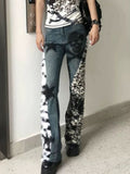 Kukombo American Vintage Washed Skull Leopard Print Micro-flare Jeans Fashion High Street Hot Girl Micro-flared Pants Y2k Trousers ootd outfit idea