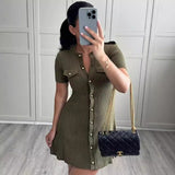 Kukombo Knitted Short Sleeve Mini Dress Women's Solid  Single Breasted O-Neck Patchwork Cardigan Dress Slim Retro Knitted Dress