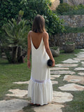 Kukombo Outfit New White Sexy Deep V Neck Backless Loose Sling Dress Fashion Women Lace Spliced Pleated Hem Long Robe 2025 Female Beach Vestido