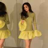 Kukombo Elegant Knitted Mini Dress Women's High Street Long Sleeve Pullover A-Line Short Dress Retro Luxury Party Evening Dress