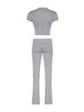 Kukombo Gray Solid Slim Basic Sports Sexy 2 Pieces Yoga Sets Women O Neck Short Sleeve Tee & Chic Low Waist Skinny Pants Tracksuit S-XL